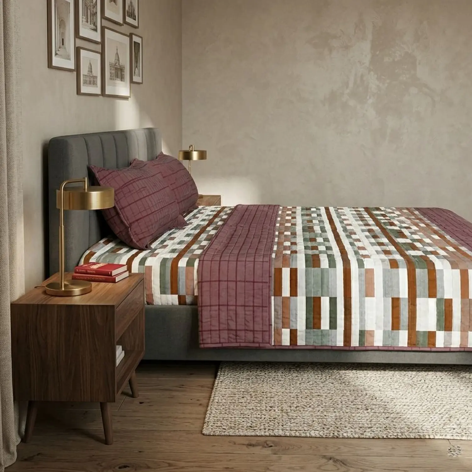 Geometric Earth – Tone Quilted King Size Bedcover Set with Pillow Covers | Premium Microfiber Bedspread (Earth-Tone Mul...